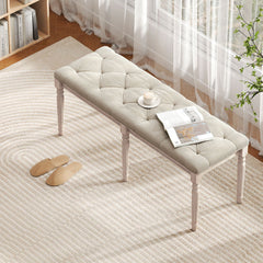 47.5 Inch Upholstered Bench with Carved Rubber Wood Legs and Padded Seat-Beige