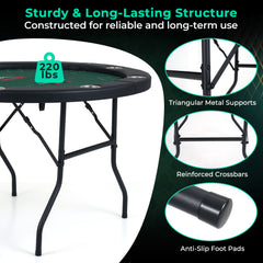 48 Inch Foldable Poker Table with 8 Cup Holders and Padded Edges