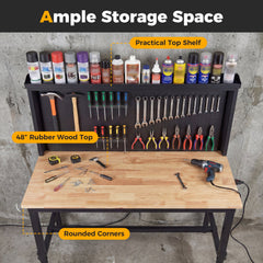 48 Inch Heavy Duty Workbench with AC/USB Outlets and Pegboard-Natural