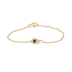 10K Yellow Gold Blue Sapphire and Diamond Accent Evil Eye Station Link Bracelet (H-I Color, I1-I2 Clarity) - Size 7"
