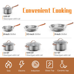 11 Pieces Stainless Steel Kitchen Cookware Set with Gold Stay-Cool Handles