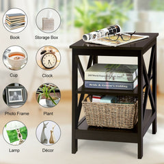 3-Tier Nightstand End Table with X Design Storage