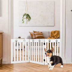 24 Inch Folding Wooden Freestanding Dog Gate with 360° Flexible Hinge for Pet