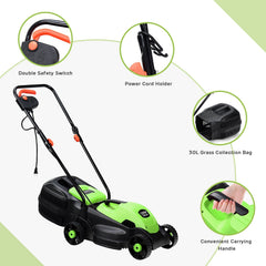 13 Inch Electric Push Lawn Corded Mower with Grass Bag-Green