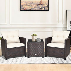 3 Pieces Patio Rattan Furniture Set Cushioned Conversation Set Coffee Table-White
