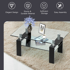 Rectangle Glass Coffee Table with Metal Legs for Living Room