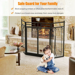 3-Panel Folding Wrought Iron Fireplace Screen with Doors and 4 Pieces Tools Set-Black