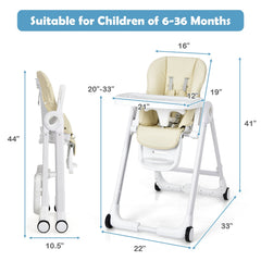Baby Folding Convertible High Chair with Wheels and Adjustable Height