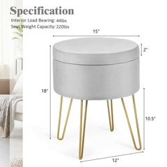 Round Velvet Storage Ottoman Footrest Stool Vanity Chair with Metal Legs