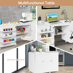 Folding Sewing Table Shelves Storage Cabinet Craft Cart with Wheels