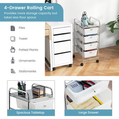 4-Drawer Cart Storage Bin Organizer Rolling with Plastic Drawers-White