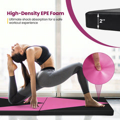 4-Panel PU Leather Folding Exercise Gym Mat with Hook and Loop Fasteners-Black & Pink