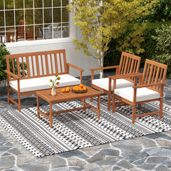 4 Pieces Acacia Wood Furniture Set with Seat Cushions and Robust Wood Frame-White