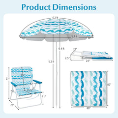 4 Pieces Beach Umbrella Set with 2 Foldable Chairs and Picnic Blanket