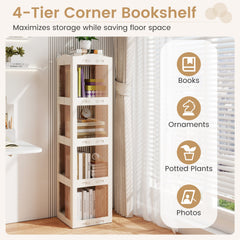 4-Tier Foldable Rotating Bookshelf with Swivel Base and Translucent Panels-White