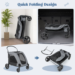 4 Wheels Extra Large Dog Stroller Foldable Pet Stroller with Dual Entry-Gray