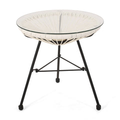 Modern NUSA Side Table with Tempered Glass Top and Polyethylene Rattan Base in White