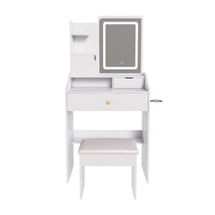 3 Color LED Vanity Mirror With Stool, 2 Drawers & 5 Storage Cabinets, Adjustable Lighting - White