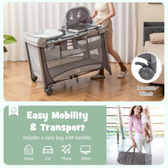 5-in-1 Portable Baby Playard with Cradle and Storage Basket-Gray