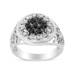 .925 Sterling Silver 1/4 Cttw White and Black Treated Diamond Halo Cluster Ring for Men (I-J Color, I3 Clarity) - Size 10