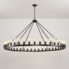 64 Inch Matte Black Wagon Wheel Chandelier With 30 Lights