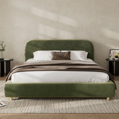 King Size Platform Bed with Velvet Fabric and Curved Headboard