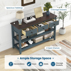 50 Inch Entryway Table Narrow Long Sofa Table with Drawers and Shelves-Dark Blue