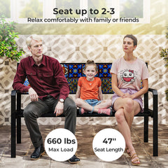 50 Inch Patio Metal Bench Slatted Loveseat for 2-3 People with Mosaic Backrest-Black
