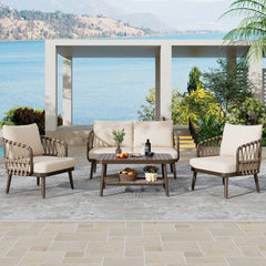 4-Piece Outdoor Patio Furniture Set with Metal Frame and Woven Rope