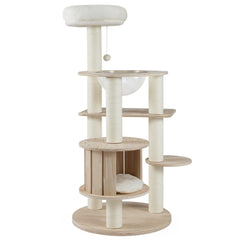 52 Inches Tall Wooden Cat Tree with Washable Plush Cushions and Multi-Level Climbing Stand