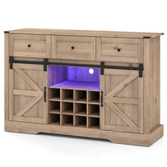 52 Inches Wine Bar Cabinet with LED Lights and Sliding Barn Doors