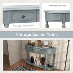 52 Inch Retro Console Table with 2 Drawers and Open Shelf Entryway Sofa Table-Blue