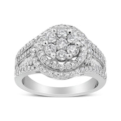 14K White Gold 1 1/2 Cttw Diamond Floral Cluster and Studded Shank Halo Ring (H-I Color, SI2-I1 Clarity) - Ring Size 7