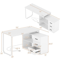 55 Inch Reversible L Shaped Desk with 3 Drawers Home Office Desk with Adjustable Shelf