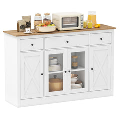 55" Large Buffet Sideboard Kitchen Storage Cabinet with 3 Drawers 2 See-through Doors Adjustable Shelves Wine Bar Table