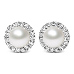10K White Gold 4.5mm Cultured Freshwater Pearl and 1/7 Cttw Diamond Halo Stud Earring (I-J Color, I1-I2 Clarity)