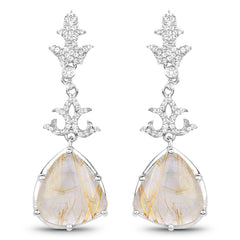15.97 Carat Genuine Golden Rutile And White Topaz .925 Sterling Silver Earrings
