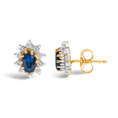 14K Yellow Gold 1/4 Cttw Diamond and Blue Sapphire Sunburst Halo Stud Earrings (K-L Color, I1-I2 Clarity)
