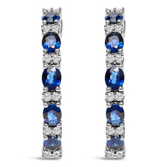 14K White Gold 4x3mm Oval Blue Sapphire and 1/4 Cttw Diamond Alternating Hoop Earring (I-J Color, SI2-I1 Clarity)