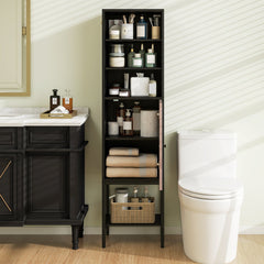 57 Inch Bathroom Tall Cabinet with 1 Door and 4 Shelves Narrow Storage Unit-Black