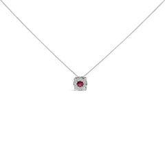14K White Gold Red Ruby and 1/3 Cttw Diamond Halo Pendant Necklace