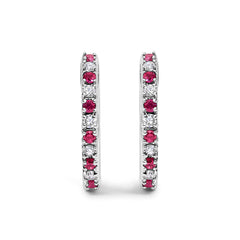10K White Gold Alternating Diamond and Red Ruby Huggy Hoop Earrings (I-J Color, I1-I2 Clarity)