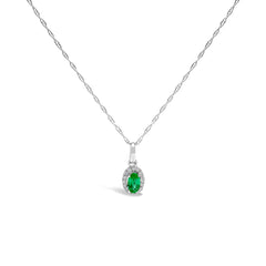 10K White Gold 5x3mm Green Emerald and Diamond Accent Halo Oval Shape 18" Pendant Necklace (I-J Color, I1-I2 Clarity)