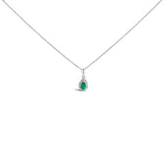 10K White Gold 5x3mm Green Emerald and Diamond Accent Halo Pear Shape 18" Pendant Necklace (I-J Color, I1-I2 Clarity)