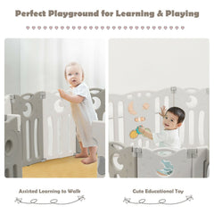 14-Panel Baby Playpen Kids Activity Center Foldable Play Yard with Lock Door-Beige
