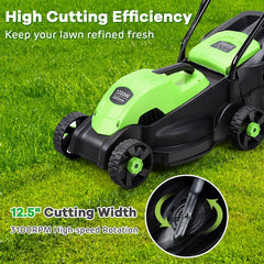 13 Inch Electric Push Lawn Corded Mower with Grass Bag-Green
