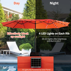 15 Feet Twin Patio Umbrella with 48 Solar LED Lights-Orange