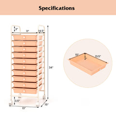 10 Drawer Rolling Storage Cart Organizer with 4 Universal Casters-Cherry