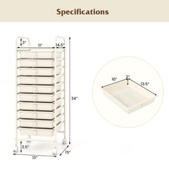 10 Drawer Rolling Storage Cart Organizer with 4 Universal Casters-White