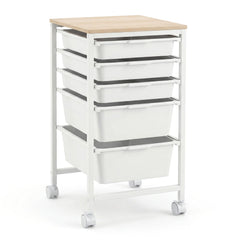 5-Drawer Rolling Storage Cart Mobile Utility Organizer with Wooden Tabletop and Lockable Wheels-White